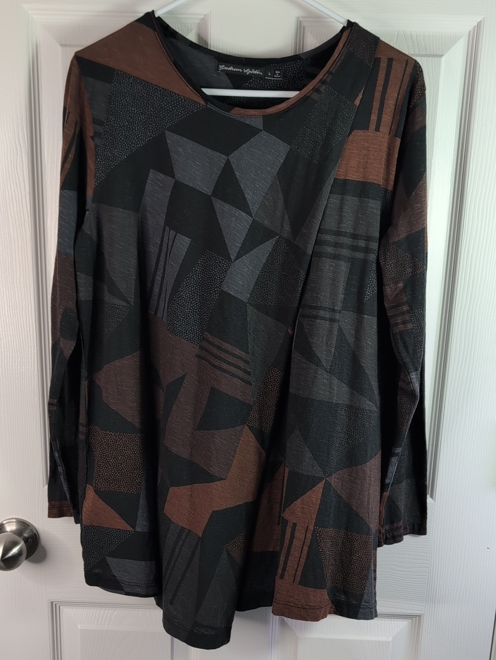 Gudrun Sjödén L Abstract Geometric Tunic Top Black Brown Lagenlook Made Greece